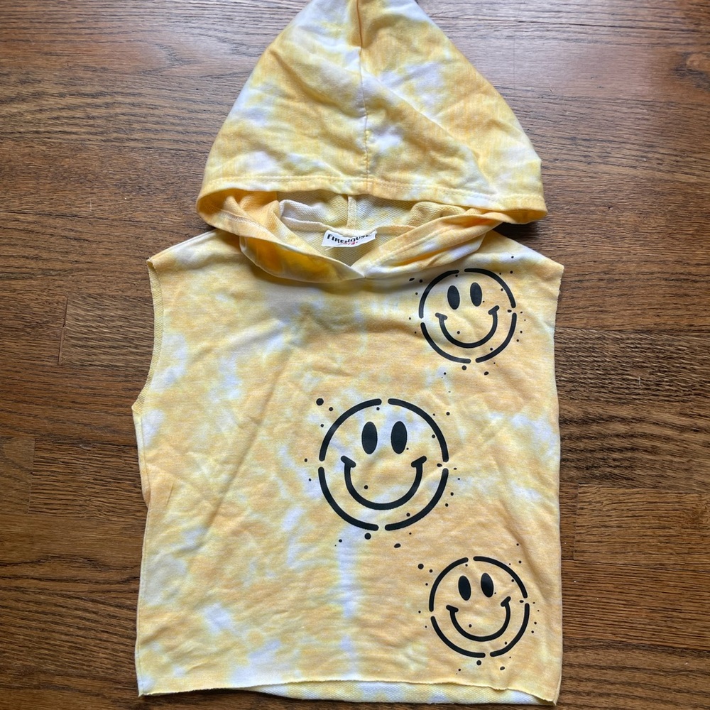 Firehouse hooded sweatshirt tank, yellow tie dye with smile faces NWT